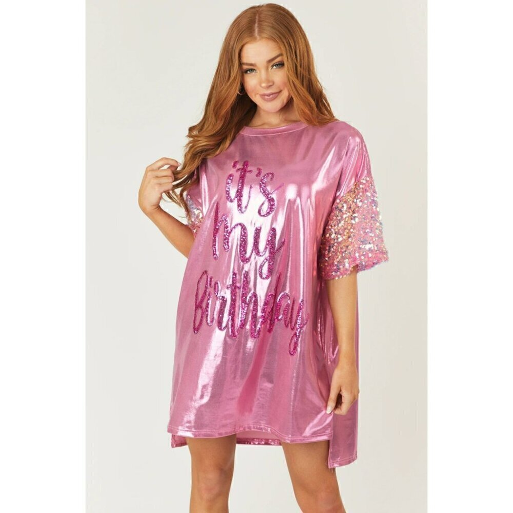 Birthday Queen Foil Sequin Dress in Pink - Picture 10 of 11